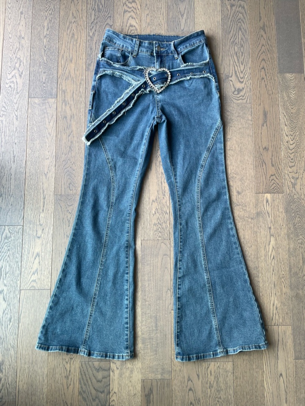 Blue Flared Women's Jeans with Heart Buckle Belt